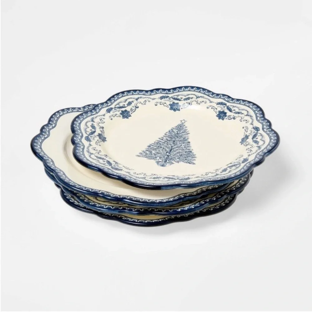 4pk 8” Stoneware Salad Appetizer Christmas Plates Blue - Threshold Studio McGee